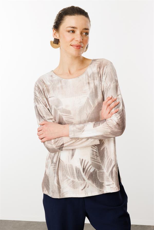 Kadın Sıfır Yaka Renkli Yaprak Desenli Bluz Vizon