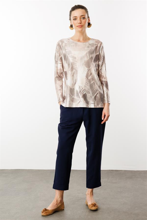 Kadın Sıfır Yaka Renkli Yaprak Desenli Bluz Vizon