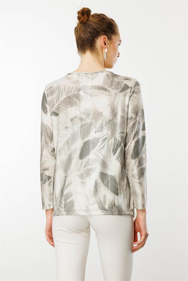 Kadın Sıfır Yaka Renkli Yaprak Desenli Bluz Haki