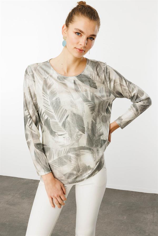 Kadın Sıfır Yaka Renkli Yaprak Desenli Bluz Haki