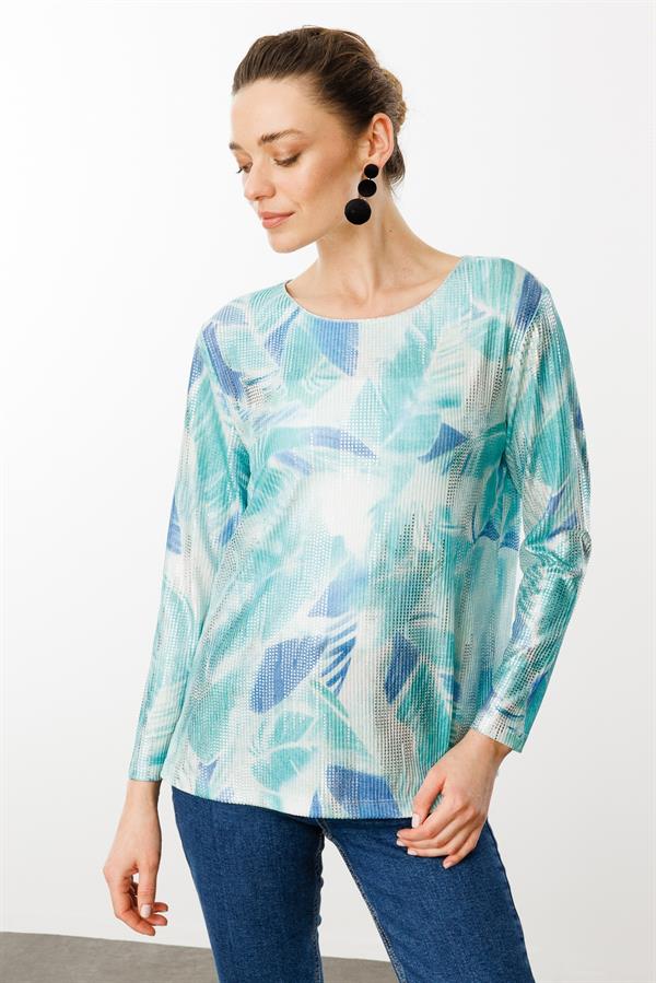 Kadın Sıfır Yaka Renkli Yaprak Desenli Bluz A.Yeşil