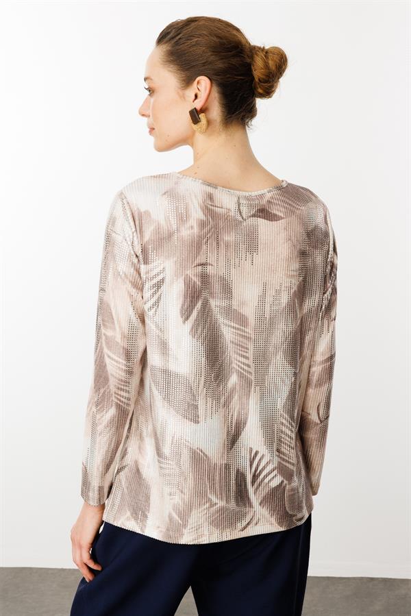 Kadın Sıfır Yaka Renkli Yaprak Desenli Bluz Vizon