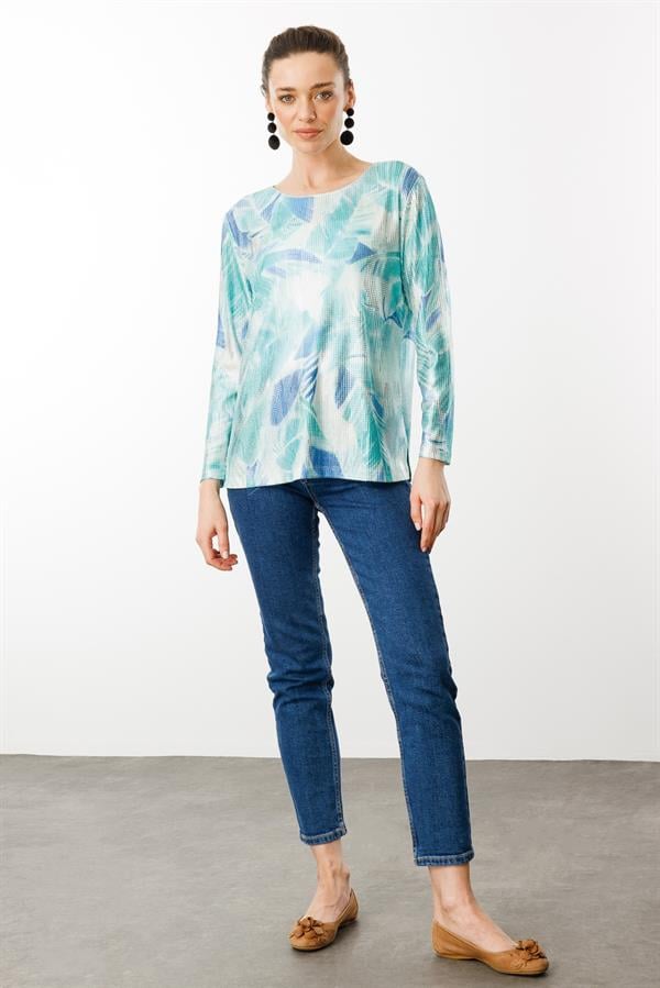 Kadın Sıfır Yaka Renkli Yaprak Desenli Bluz A.Yeşil