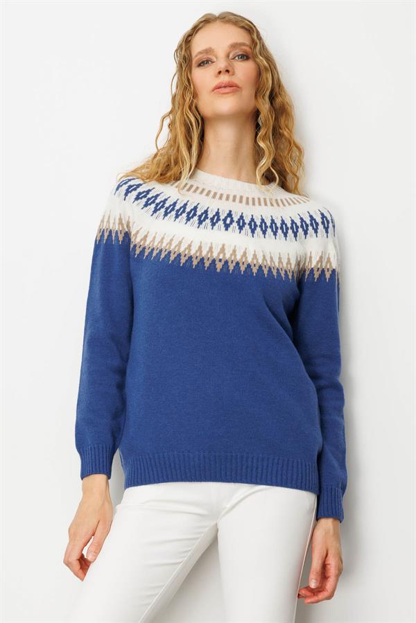 Kadın Sıfır Yaka Robası Baklavalı Yün Kazak Mavi