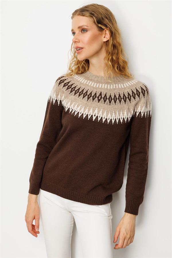 Kadın Sıfır Yaka Robası Baklavalı Yün Kazak M.Kahve