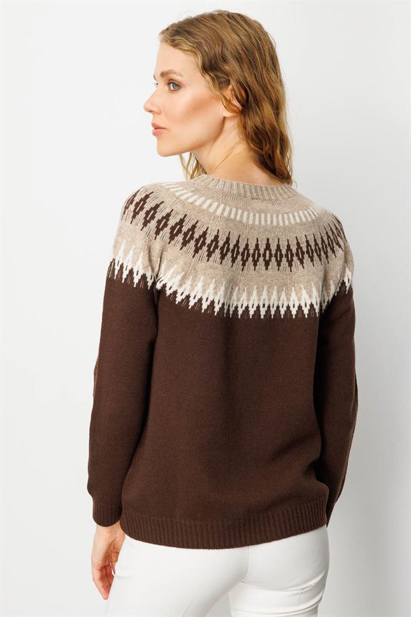 Kadın Sıfır Yaka Robası Baklavalı Yün Kazak M.Kahve