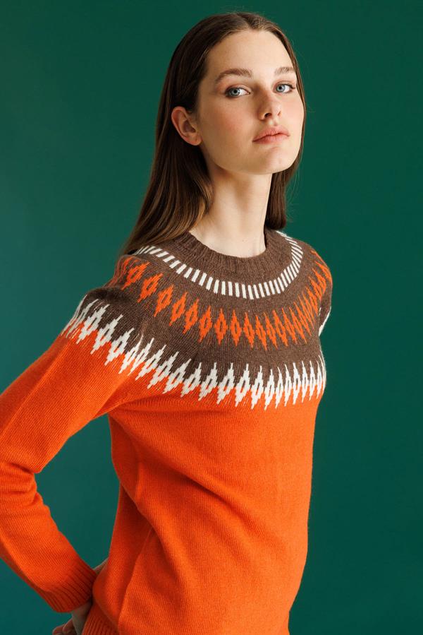 Kadın Sıfır Yaka Robası Baklavalı Yün Kazak Portakal