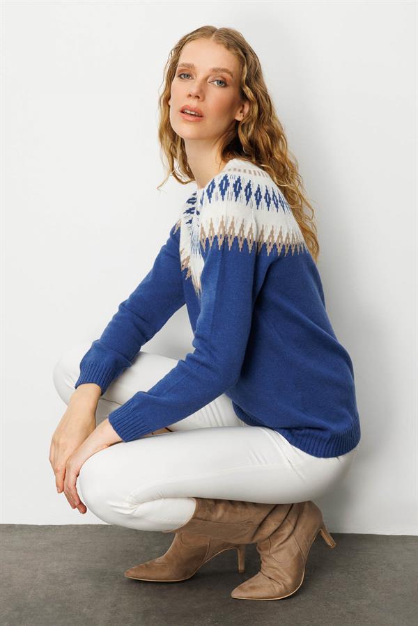 Kadın Sıfır Yaka Robası Baklavalı Yün Kazak Mavi