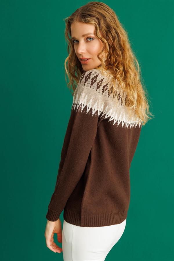 Kadın Sıfır Yaka Robası Baklavalı Yün Kazak M.Kahve