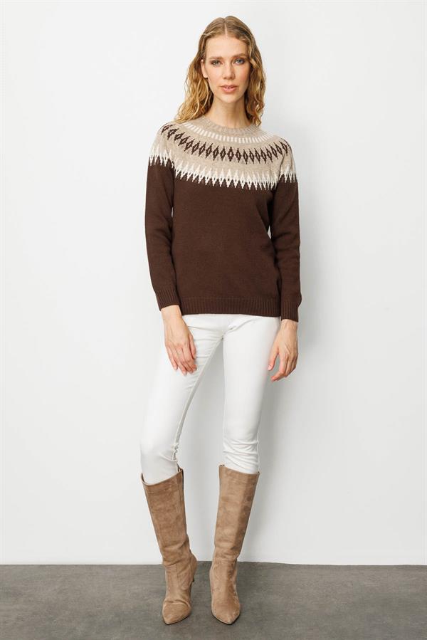 Kadın Sıfır Yaka Robası Baklavalı Yün Kazak M.Kahve