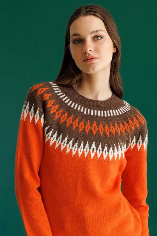 Kadın Sıfır Yaka Robası Baklavalı Yün Kazak Portakal