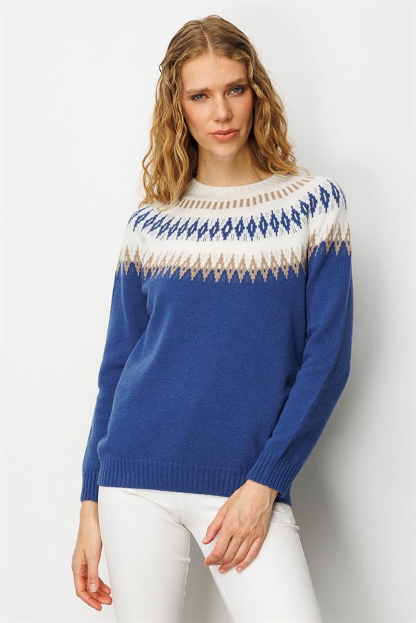 Kadın Sıfır Yaka Robası Baklavalı Yün Kazak Mavi