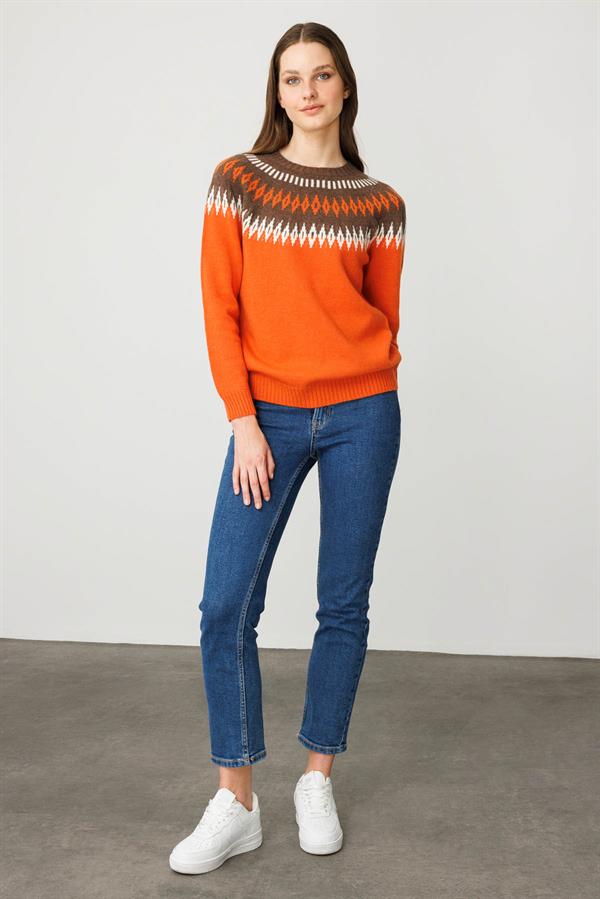 Kadın Sıfır Yaka Robası Baklavalı Yün Kazak Portakal