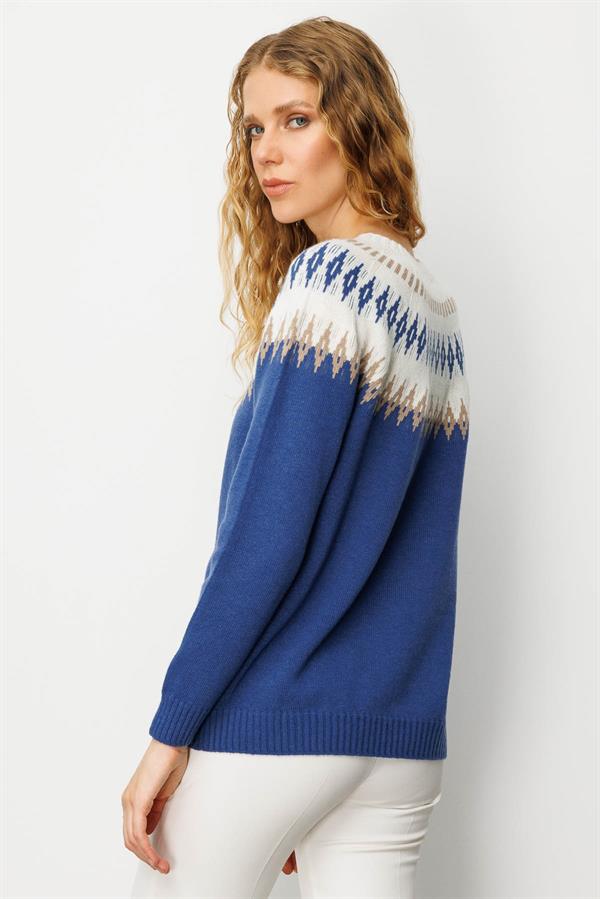 Kadın Sıfır Yaka Robası Baklavalı Yün Kazak Mavi