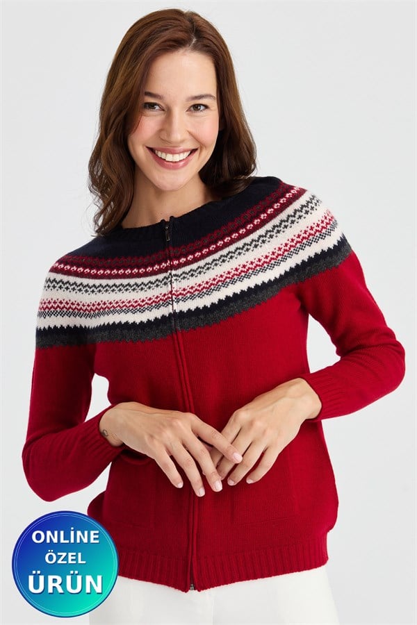 Womens Crew Neck Wool Cardigan Dark Red