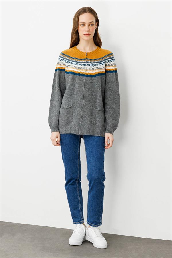 Kadın Sıfır Yaka Robası Jakarlı Yün Hırka Füme