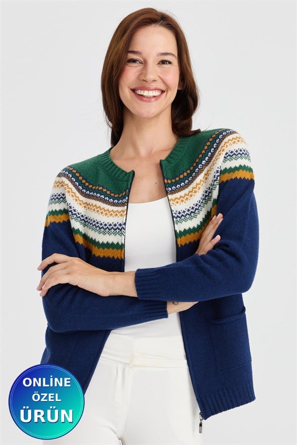 Womens Crew Neck Wool Cardigan Blue