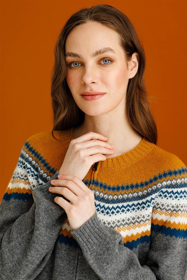 Kadın Sıfır Yaka Robası Jakarlı Yün Hırka Füme