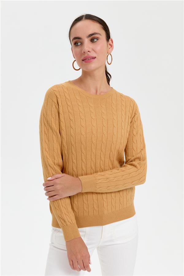 Kadın Sıfır Yaka Saç Örgülü Kazak Camel