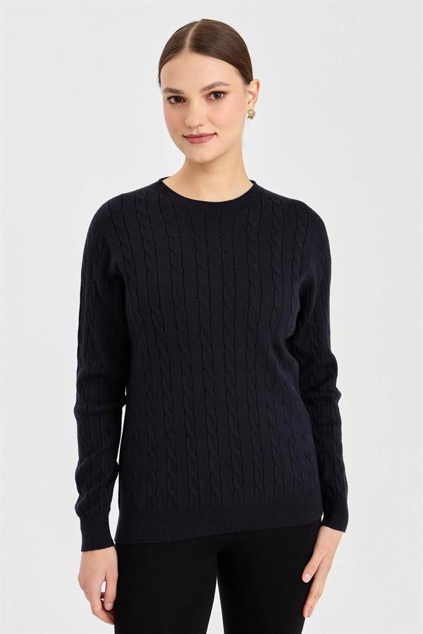 Kadın Sıfır Yaka Saç Örgülü Kazak K.Lacivert