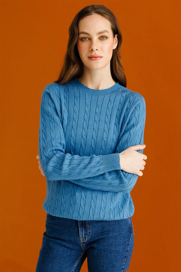 Kadın Sıfır Yaka Saç Örgülü Kazak Mavi