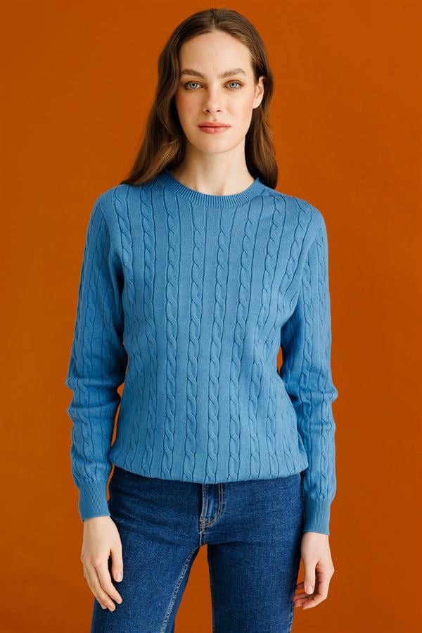 Kadın Sıfır Yaka Saç Örgülü Kazak Mavi