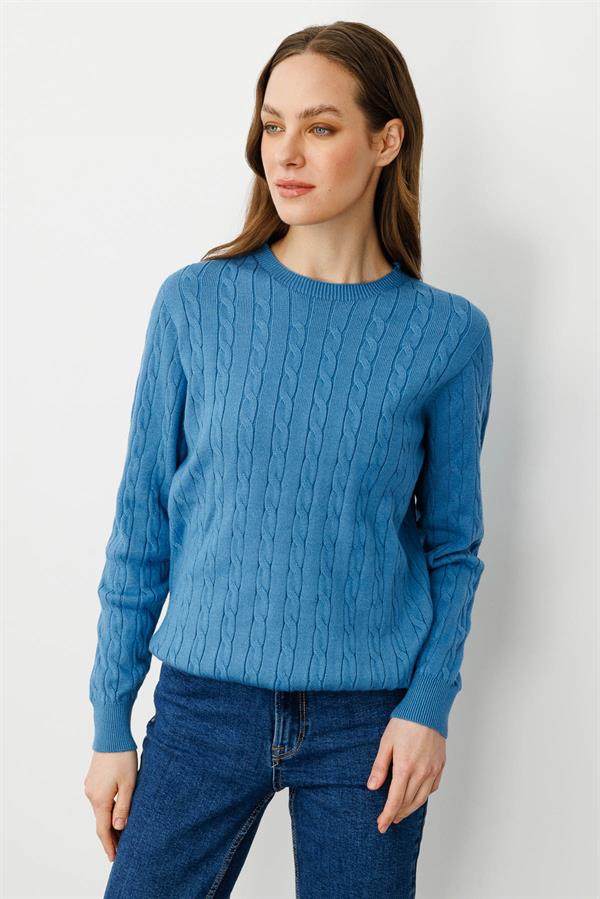 Kadın Sıfır Yaka Saç Örgülü Kazak Mavi