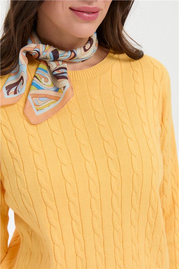 Kadın Sıfır Yaka Saç Örgülü Kazak Sarı