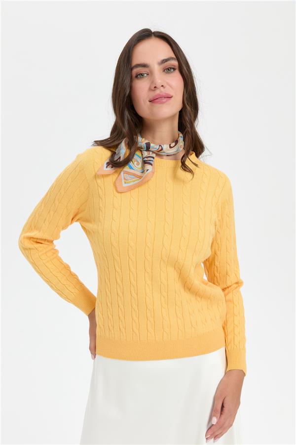 Kadın Sıfır Yaka Saç Örgülü Kazak Sarı