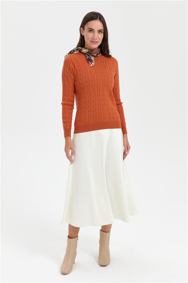 Kadın Sıfır Yaka Saç Örgülü Kazak Turuncu