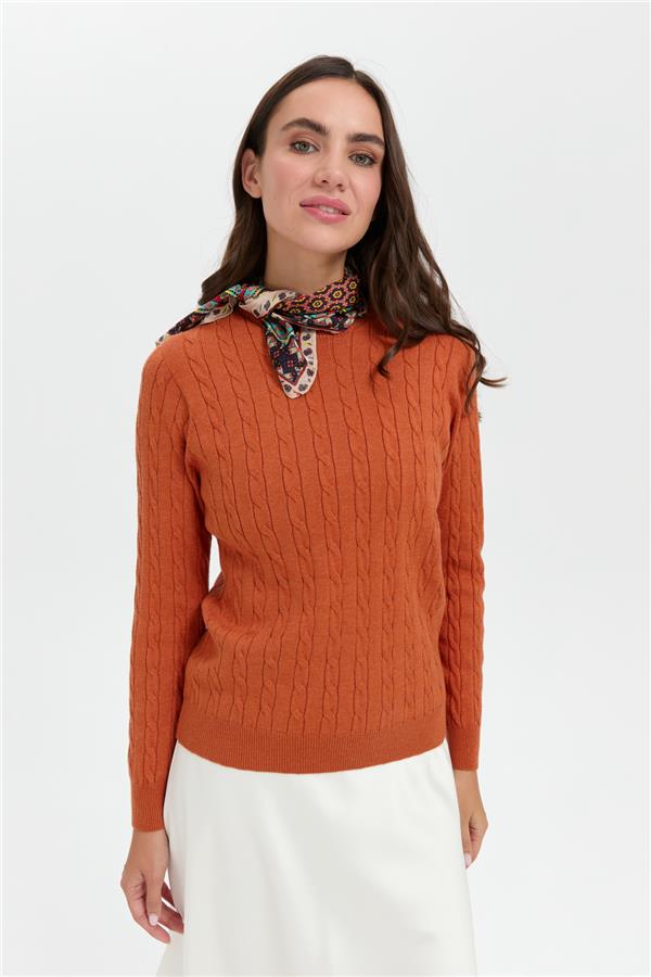 Kadın Sıfır Yaka Saç Örgülü Kazak Turuncu