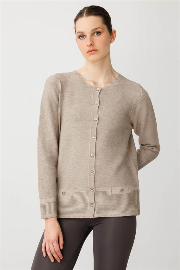 Kadın Sıfır Yaka Cepli Düğmeli Ceket Vizon