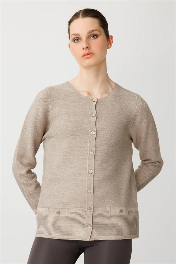 Kadın Sıfır Yaka Cepli Düğmeli Ceket Vizon