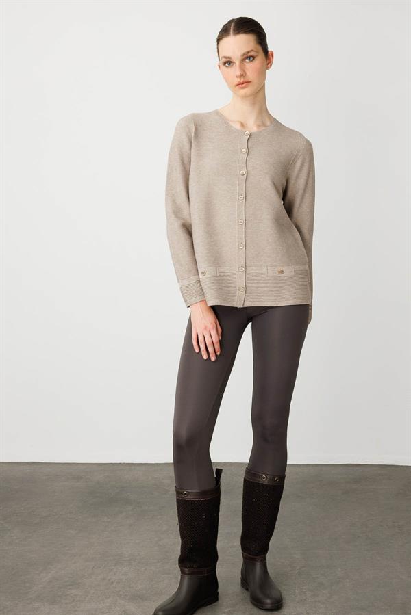 Kadın Sıfır Yaka Cepli Düğmeli Ceket Vizon