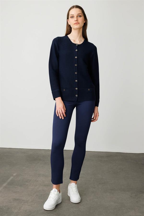 Kadın Sıfır Yaka Cepli Düğmeli Ceket K.Lacivert