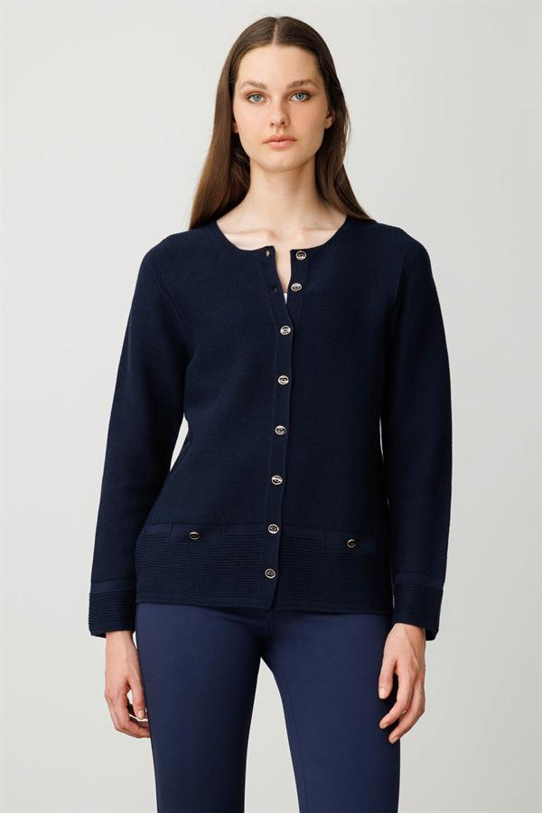 Kadın Sıfır Yaka Cepli Düğmeli Ceket K.Lacivert