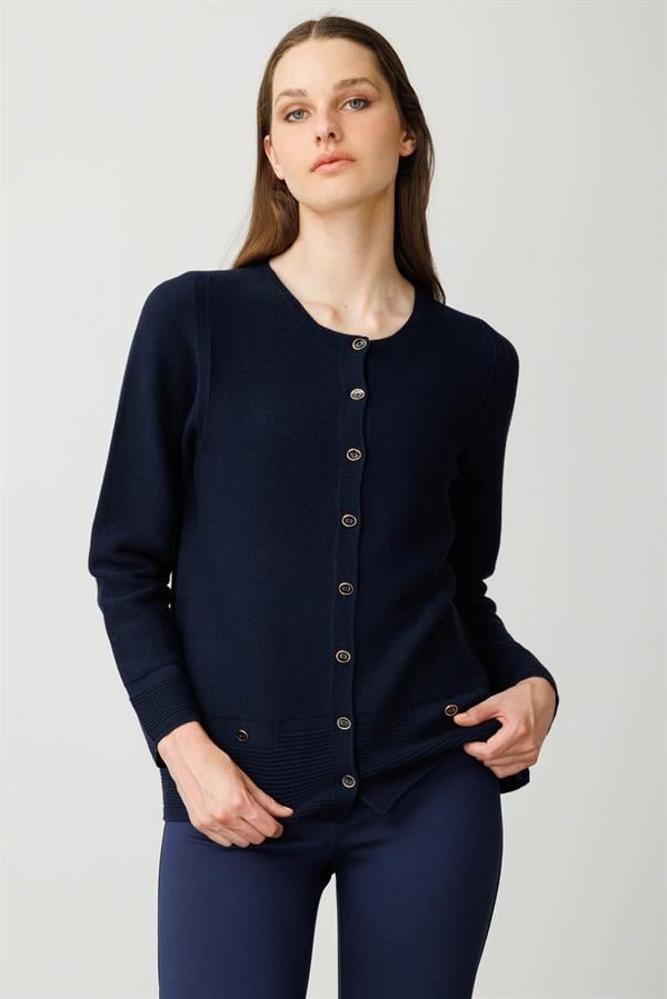 Kadın Sıfır Yaka Cepli Düğmeli Ceket K.Lacivert