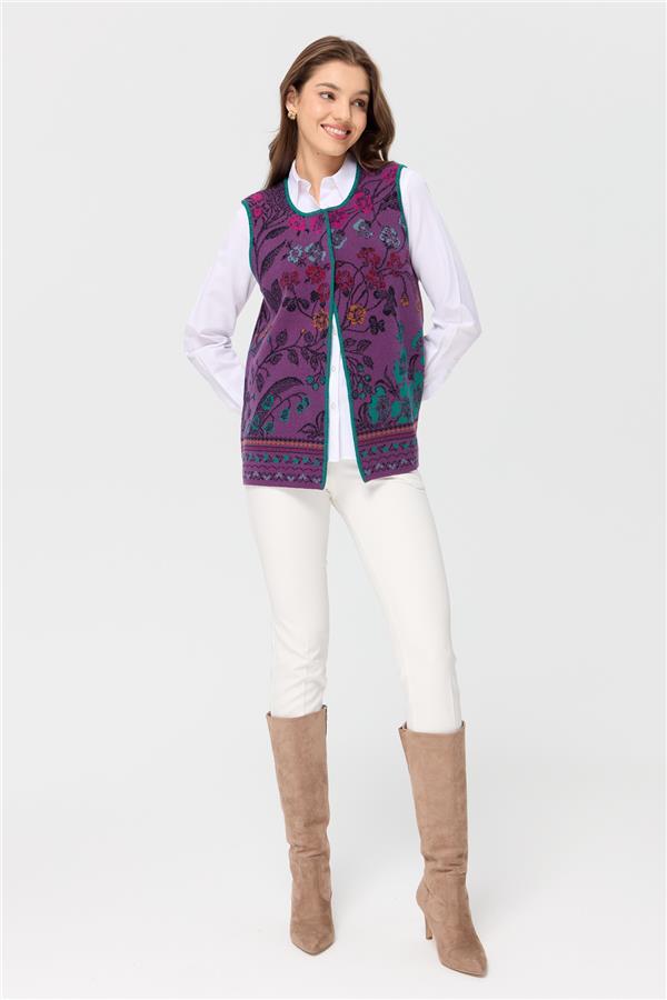 Womens Crew Neck Ivy Patterned Wool Vest Purple