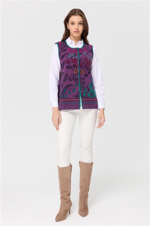 Womens Crew Neck Ivy Patterned Wool Vest Purple