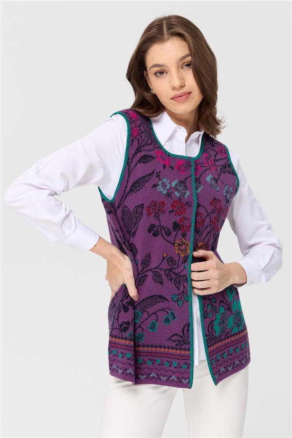 Womens Crew Neck Ivy Patterned Wool Vest Purple