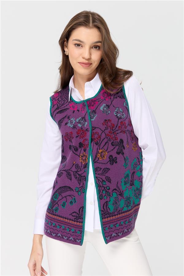 Womens Crew Neck Ivy Patterned Wool Vest Purple