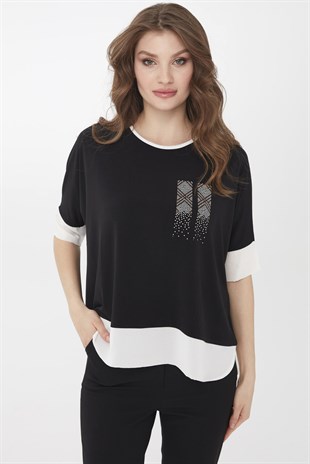 Женская блуза с шифоновыми вставками и круглым вырезом черного цвета