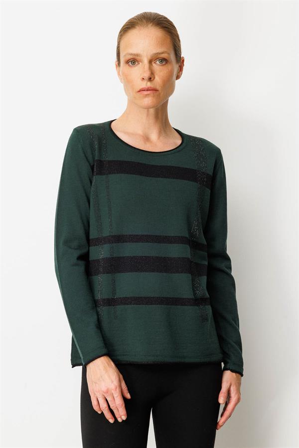 Kadın Sıfır Yaka Sim Çizgili Taşlı Yün Bluz Yeşil