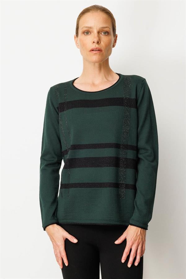 Kadın Sıfır Yaka Sim Çizgili Taşlı Yün Bluz Yeşil
