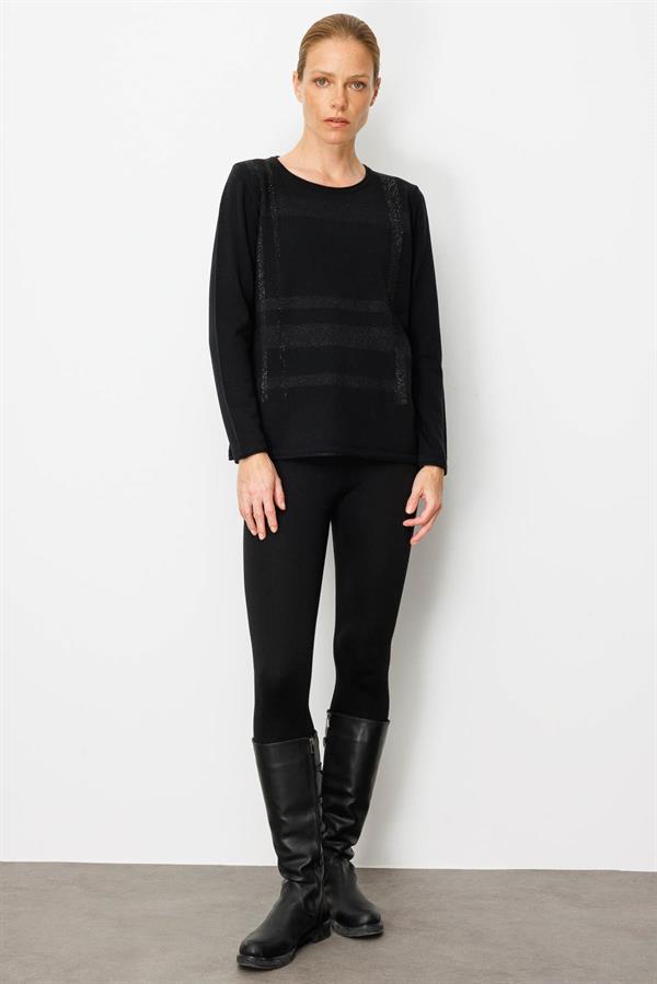 Kadın Sıfır Yaka Sim Çizgili Taşlı Yün Bluz Siyah