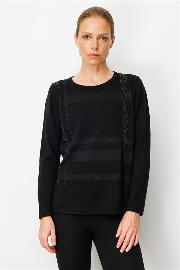 Kadın Sıfır Yaka Sim Çizgili Taşlı Yün Bluz Siyah