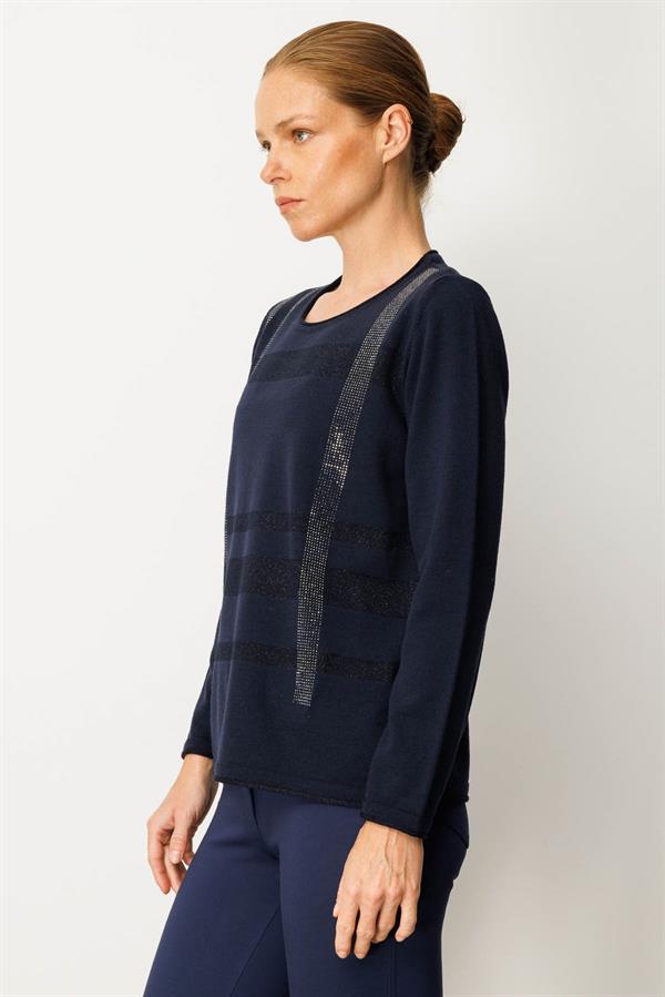 Kadın Sıfır Yaka Sim Çizgili Taşlı Yün Bluz K.Lacivert