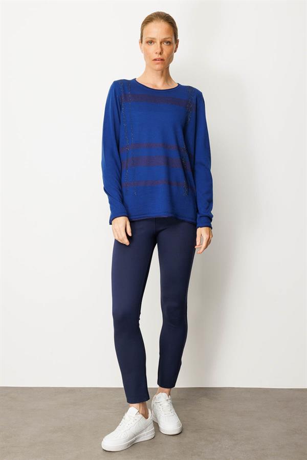 Kadın Sıfır Yaka Sim Çizgili Taşlı Yün Bluz K.S.Mavi