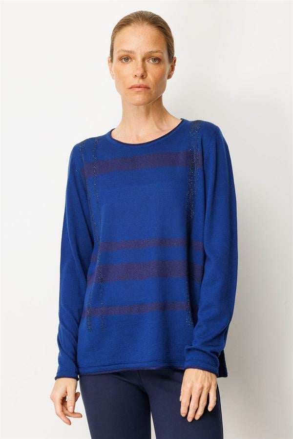 Kadın Sıfır Yaka Sim Çizgili Taşlı Yün Bluz K.S.Mavi