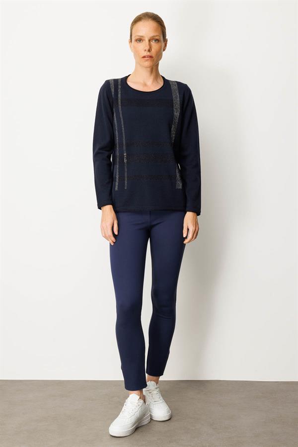 Kadın Sıfır Yaka Sim Çizgili Taşlı Yün Bluz K.Lacivert